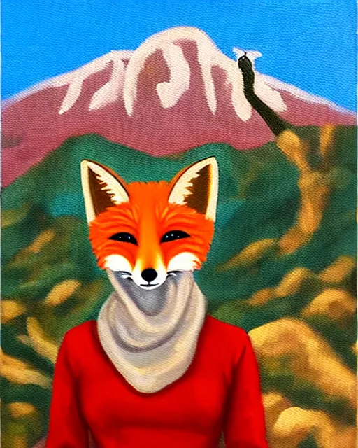 Image similar to oil painting portrait of anthropomorphic female fox animal dressed in sweater and scarf, fox animal, hollywood sign in background, oil painting,