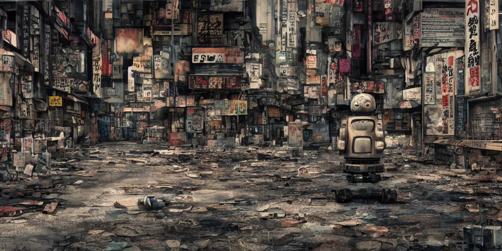 Prompt: broken robot lying deserted shinjuku junk town, watercolor, ghost in the shell, soft bloom lighting, paper texture, bright sun bleached ground, vending machine, koji morimoto, katsuya terada, black smoke, pale, beige sky pencil marks, hd, 4k, remaster, dynamic camera angle, fish eye, dynamic scene