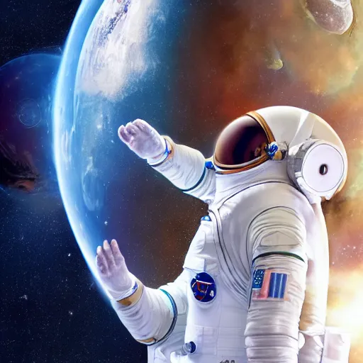 Prompt: a hyper realistic digital painting of a woman in an astronaut suit in space