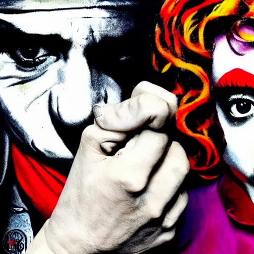 Prompt: mimmo rottela and banksy as joaquin phoenix skinny joker holding hand lady gaga harley queen, ultra photorealistic, extreme realistic, intricate details, pop art style, concept art, confident, love, random object movement, 3 colours, warm color, 4 k, ultra smooth, sharp focus