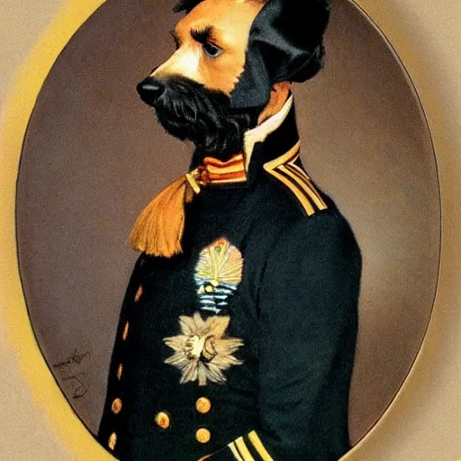 Image similar to Black Goldendoodle with a bright face wearing a Napoleon Era Military Uniform looking melancholy, Norman Rockwell style