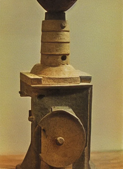 Image similar to ultra very realistic photo of a a medieval temple chemistry appliance pump, made of wood white clay 1 9 9 0, life magazine photo, natural colors, museum collection, kodak