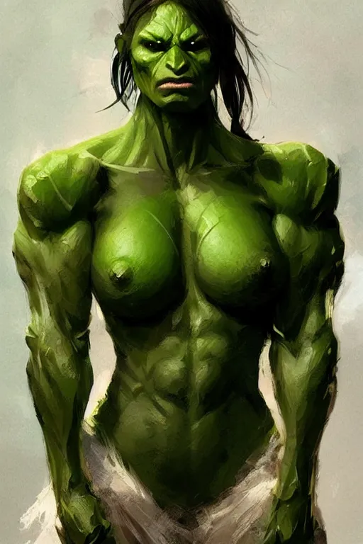 Image similar to green orc female with human face, light green tone beautiful face, muscular body, by artgerm, by greg rutkowski, by jeremy mann, digital painting