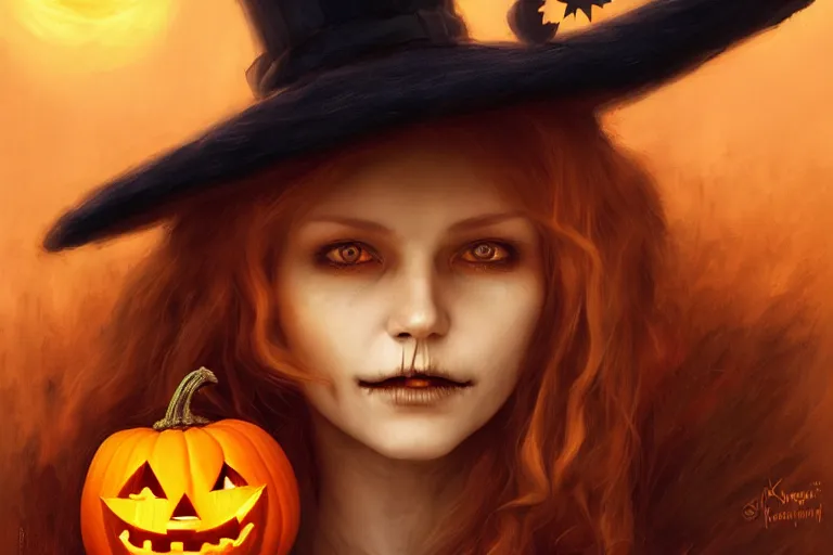 Image similar to portrait of a scarecrow with a jack - o - lantern head and a witch hat, halloween night, charlie bowater, artgerm, ilya kuvshinov, krenz cushart, ruan jia, realism, ultra detailed, 8 k resolution