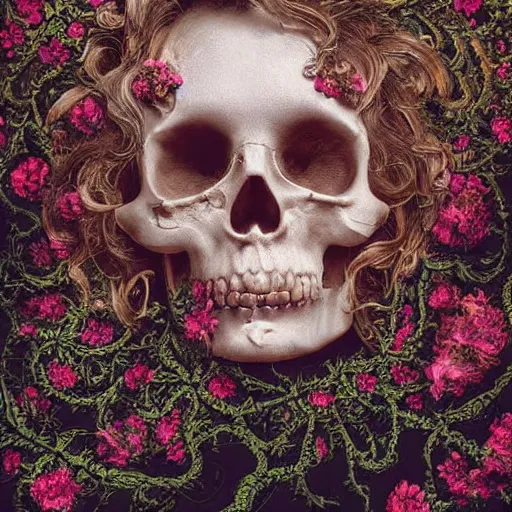 Prompt: a beautiful detailed rococo 8 0's photo of a rotten woman corpse becoming almost a skull with face muscles, veins, arteries, fractal plants and fractal flowers and mushrooms growing around, intricate, ornate, volumetric light, beautiful lit, beetlejuice