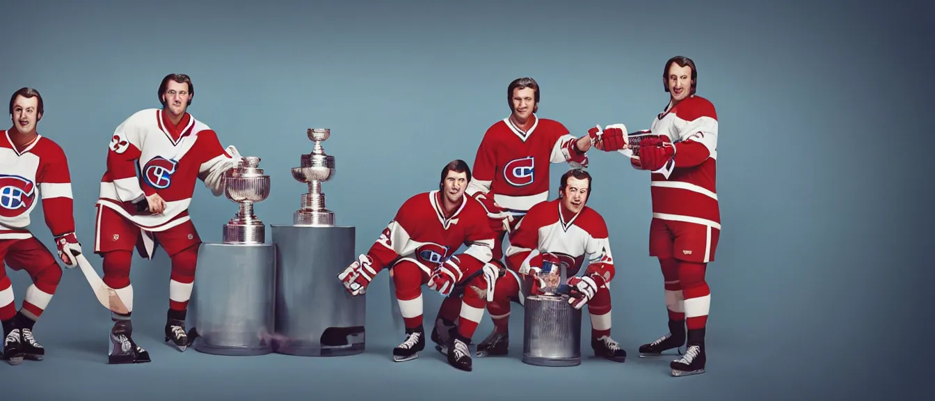 Prompt: vogue photoshoot octane render of 1 9 7 0 s habs players with white background and stanley cup, focus bright colorful pastel exotic vintage boutique hotel lounge, very short depth of field, bokeh