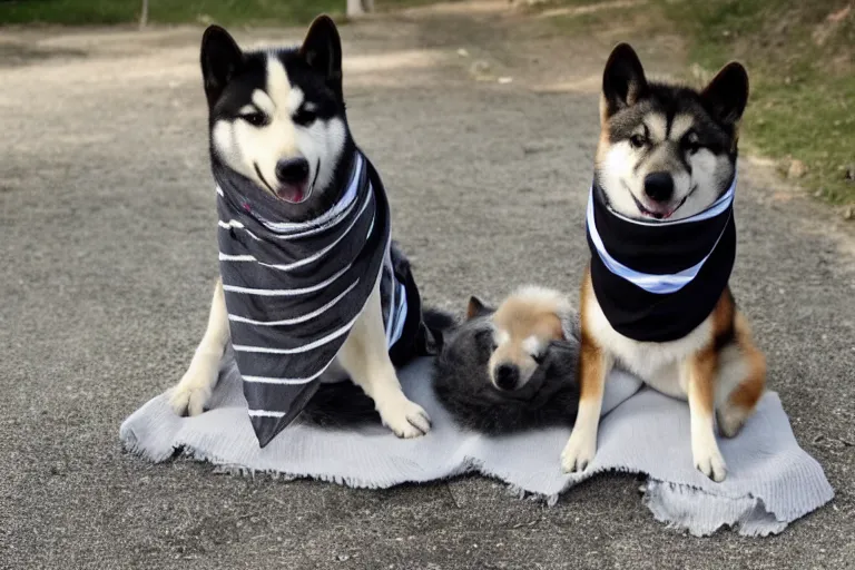 Prompt: A grey pegasus pony wearing a black and grey striped scarf sitting beside a shiba inu dog wearing a french flag bandana around their neck