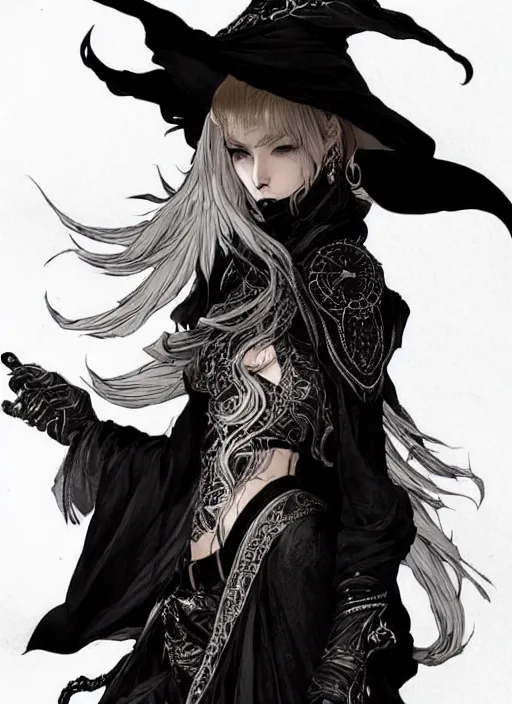 Image similar to beautiful human witch with blonde short curtly hair in intricate ornate witch robe, haughty evil look, witch hat. in style of yoji shinkawa and hyung - tae kim, trending on artstation, dark fantasy, great composition, concept art, highly detailed, dynamic pose.