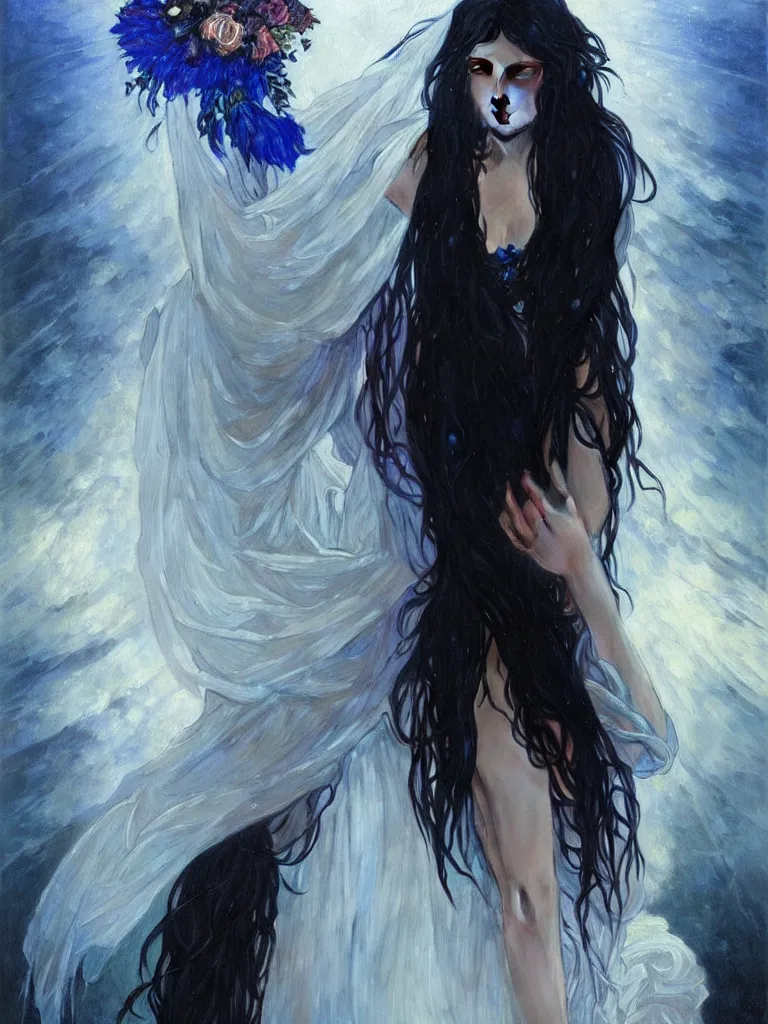 Image similar to detailed painting of sad bride in scary black standing in the river, gloomy, cobalt blue gemstones floating in the river, art by artgerm and greg rutkowski and alphonse mucha