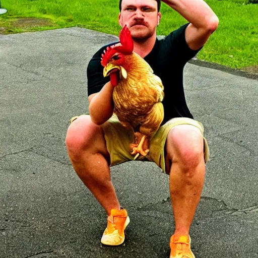 Image similar to a chicken lifting weights