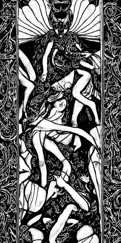 Image similar to a beautiful black and white fractal tarot card featuring bold occult imagery with clean lines. female demon.