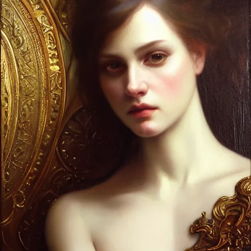 Image similar to highly detailed oil painting | very intricate | cinematic lighting | award - winning | portrait of saturnusdaughter dressed in high fashion | by roberto ferri, by tom bagshaw, by j. c. leyendecker and klimt, american romanticism, by austin osman spare, artstation, cgsociety, official art, octane