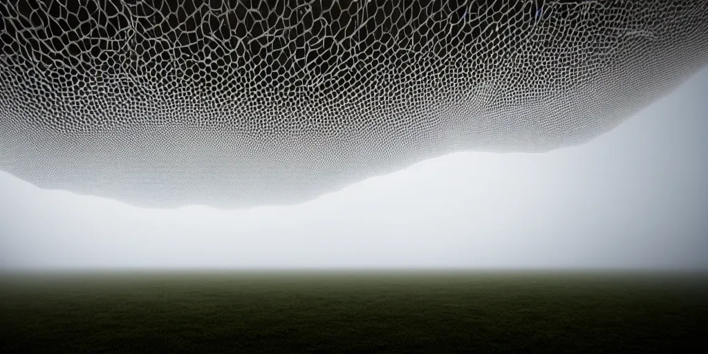 Image similar to white honeycomb organic illuminated building with warm illumination inside by ernesto neto sits on the field evening atmosphere in low fog, 4 k, insanely quality, highly detailed, film still from the movie directed by denis villeneuve with art direction by zdzisław beksinski, telephoto lens, shallow depth of field