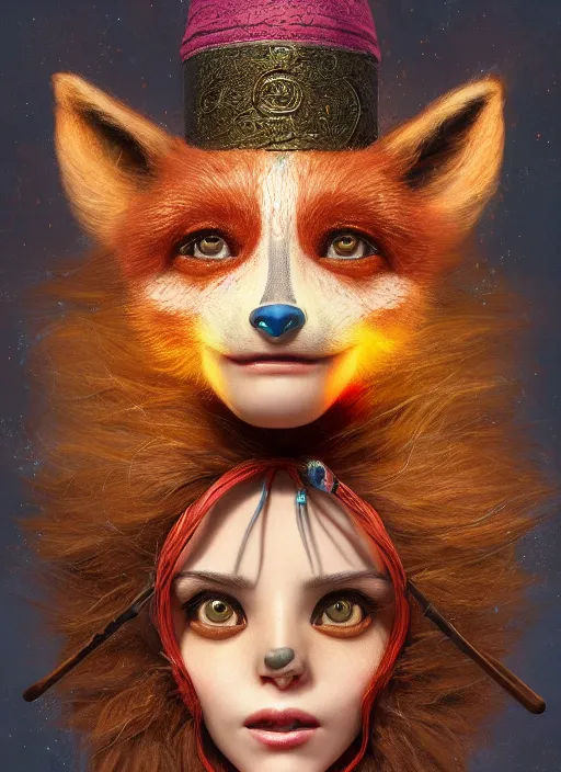 Image similar to an anthropomorphic beautiful female wizard portrait made of fox holding a staff wearing colourful robe, fine art, award winning, intricate, elegant, sharp focus, octane render, hyperrealistic, cinematic lighting, highly detailed, digital painting, 8 k concept art, art by jamie hewlett and z. w. gu, masterpiece, trending on artstation, 8 k