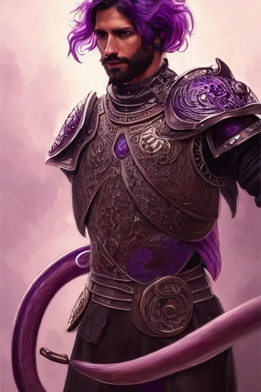 Image similar to male fighter wearing a full plate armor fighting a giant purple worm, fantasy, amber eyes, face, long hair, intricate, elegant, highly detailed, digital painting, artstation, concept art, smooth, sharp focus, illustration, art by artgerm and greg rutkowski and alphonse mucha