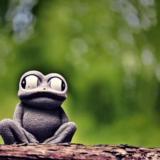 Image similar to baby pepe the frog, larg eyes, sitting on a log, pixar, disney, dynamic lighting, bokeh