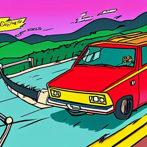 Prompt: scooby doo professionally driving inside a nissan pulsar through windy roads in the hills, drawn anime style