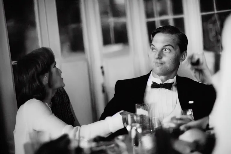 Prompt: candid close up of a guest at a party at the great gatsby's house, grainy, tri - x 4 0 0 tx