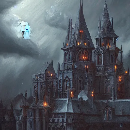 Image similar to dark and stormy eerie ornate gothic castle with lightning, extremely detailed, oil painting, 8k, trending on artstation