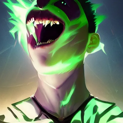Image similar to Young Danny phantom with glowing green eyes and sharp teeth pointed fangs alt art fashion punk, art by WLOP and Charlie Bowater and WLOP and Mark Arian and Ross Tran + neon colors, symmetry,A digital matte intricate illustration concept art , intricate complexity, epic composition, magical atmosphere, highly detailed, cinematic lighting + masterpiece, trending on artstation + 8k