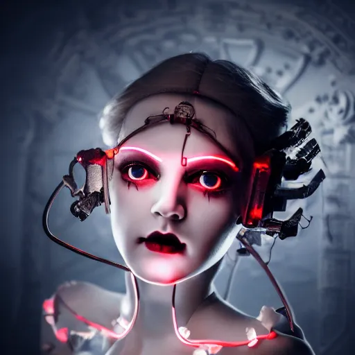 Prompt: Gorgeous feminine porcelain doll with cracking skin and machine parts, glowing red eyes, full body portrait, wires, cyborg, beautiful shattered porcelain skin, gothic, steampunk, glowing red eyes, magic runes, feminine anatomy, witchcraft, hex, shadows, cinematic lighting, octane render, 8k high detail