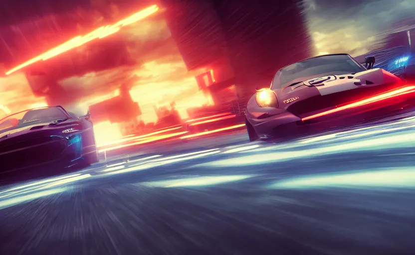 Image similar to a commercial art for a racing movie with lot of motion blur, cinematic, dramatic, artstation, epic