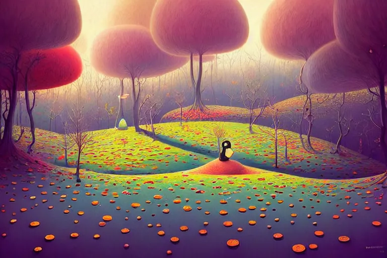 Image similar to surreal glimpse into other universe, inside a marshmallow forest in an ice cream valley, summer morning, very coherent and colorful high contrast, art by!!!! gediminas pranckevicius!!!!, geof darrow, dark shadows, hard lighting