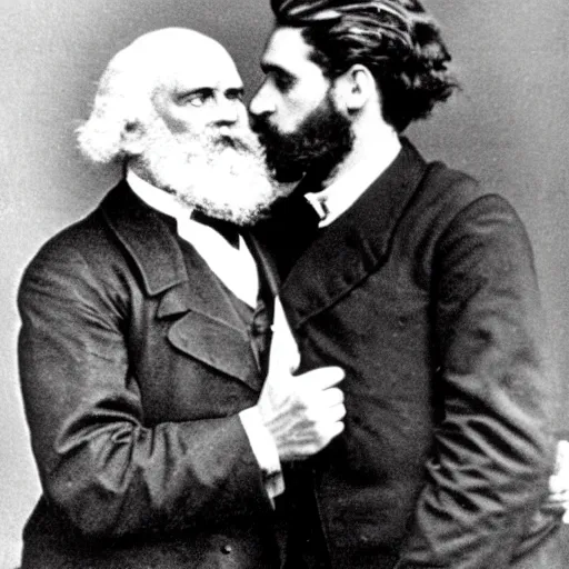 Image similar to Karl Marx and Ayn Rand kissing, wedding photo, 1920, Church backround