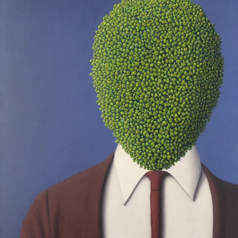 Image similar to portrait of a faceless flower - head man by rene magritte, detailed painting, distance, centered, hd, hq, high resolution, high detail, 4 k, 8 k