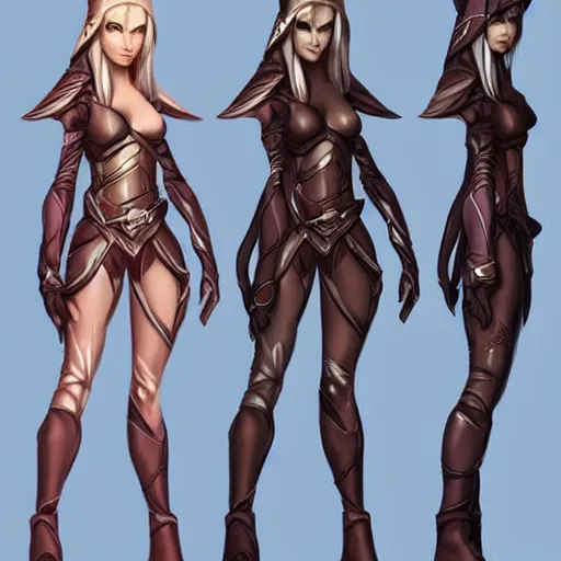 Prompt: character outfit concept sheet of fantasy female elf, by Josh Durham and Artgerm, highly detailed, artstation