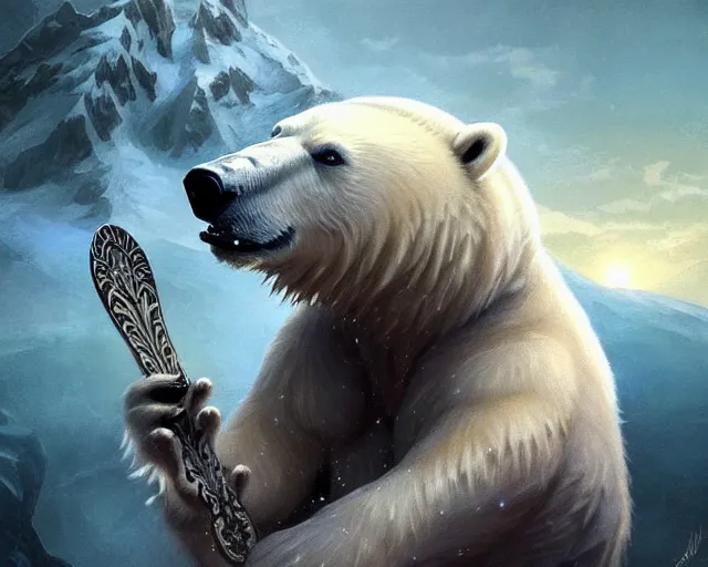 Image similar to a friendly polar bear from final fantasy, holding a snowboard, deep focus, d & d, fantasy, intricate, elegant, highly detailed, digital painting, artstation, concept art, matte, sharp focus, illustration, hearthstone, art by artgerm and greg rutkowski and alphonse mucha