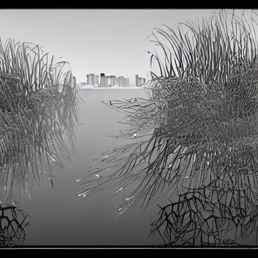 Image similar to remains of the stems of lotus flowers mirrored on a river and looking like sharp geometric scribbles, soft Chinese bridge contour far in the background, light fog, highly detailed black and white photograph by René Burri, 35mm, f/11, ISO 100, concept art, cgsociety, octane render, trending on artstation, artstationHD, artstationHQ, unrealengine