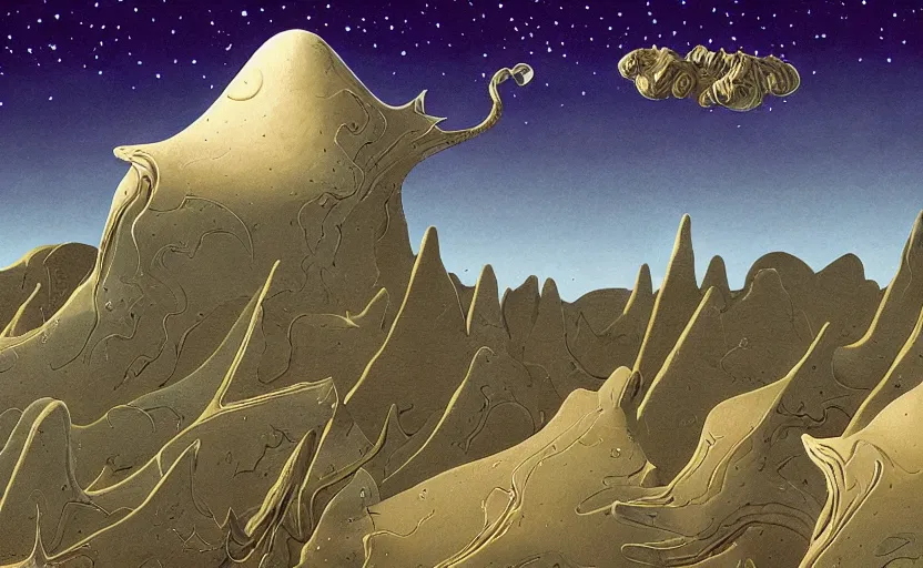 Prompt: mountains, stars and paisley filled sky, artstation, intricate, highly detailed, digital painting, concept art, sharp focus, illustration by Roger Dean and Yves Tanguy