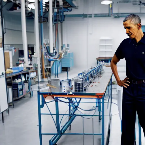 Prompt: barack obama as a factory worker, in a scientific factory, white walls, smooth painting, 4 k, realistic, dramatic lighting