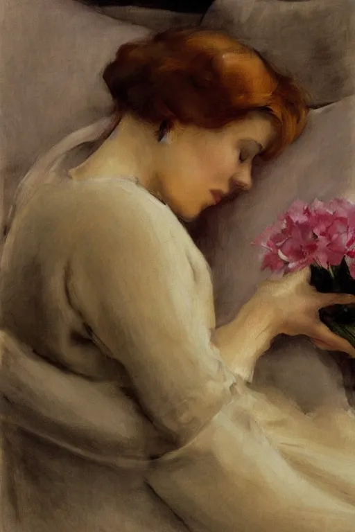 Image similar to european woman in a gown laying on couch, close up, bloom flowers, modern, eclectic, illustration, by ramon casas