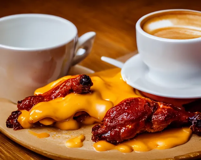 Image similar to hot wings covered in cheese next to a cup of coffee , Cinematic shot, 8k resolution