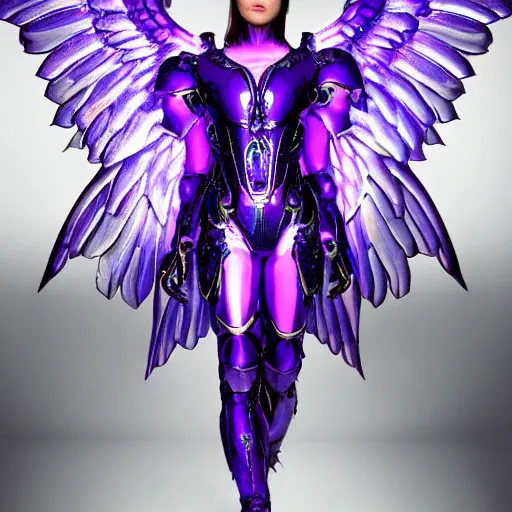 Image similar to a photo of 8k ultra realistic archangel with 6 wings, full body, intricate purple and blue neon armor, ornate, cinematic