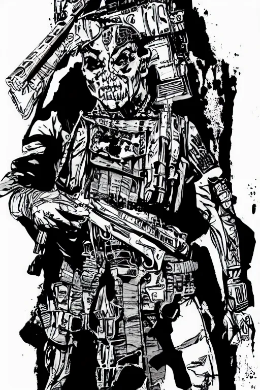 Image similar to a paranormal soldier, ouija tattoo on face, emp weapons strapped in shoulders, horror sci - fi black and white, art by kevin eastman
