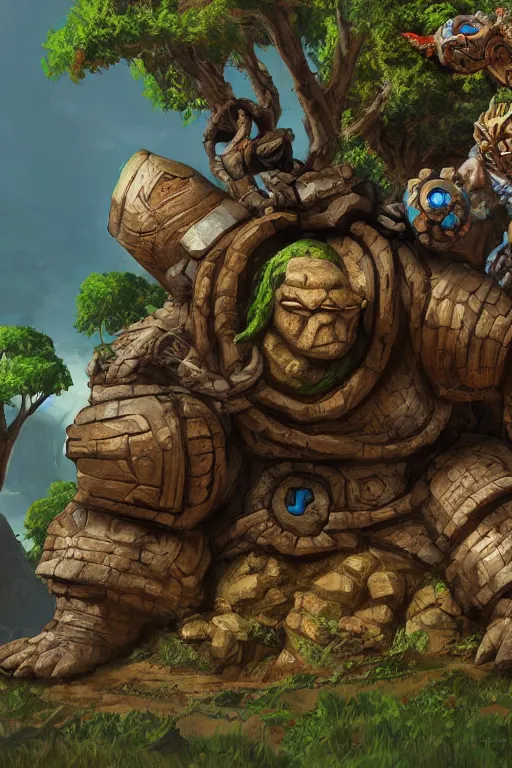 Image similar to zelda fantasy art giant golem troll wood rock greeble gemstone, global illumination ray tracing hdr fanart arstation by sung choi and eric pfeiffer and gabriel garza and casper konefal