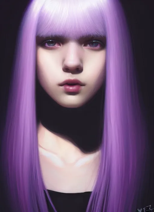 Image similar to hair whitebangs hair, black hair, whitebangs, portrait of teenage girl with white bangs, red irises, purple clothes, white bangs, bangs are different color from hair, intricate, elegant, glowing lights, highly detailed, digital painting, artstation, concept art, smooth, sharp focus, illustration, art by wlop, mars ravelo and greg rutkowski