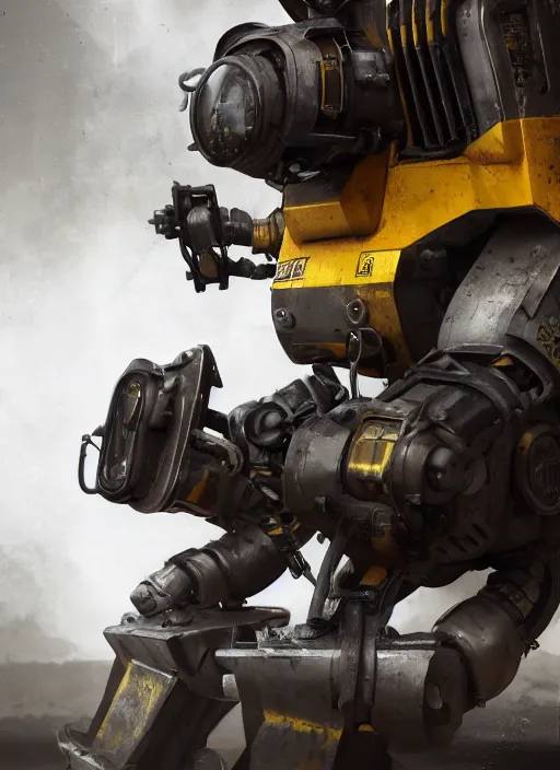 Image similar to a photorealistic dramatic hyperrealistic render of a futuristic exosuit power loader heavy machinery, ultra realistic details, glossy yellow, well worn, rust, oil stains by vitaly bulgarov and mike nash, beautiful dramatic dark moody tones and lighting, cinematic atmosphere, studio lighting, shadows, dark background, octane render, 8 k