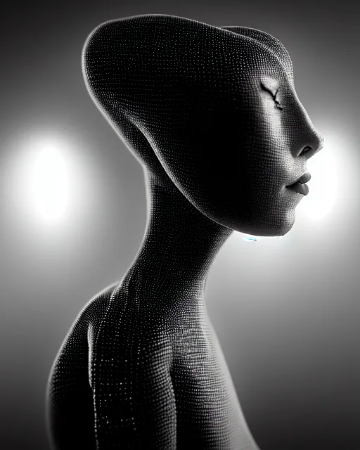 Image similar to black and white high quality photo of a beautiful female AI vegetal-cyborg looking into a sci-fi mirror, volumetric lighting, liminal space, brutalism, foggy, dreamy, hyperdetailed, bokeh, photorealistic, cinematic, masterpiece, elegant, dark, by Man Ray in the style of Horst P. Horst, octane render, 8K,