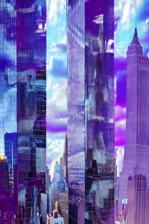 Prompt: of a futuristic photo - realistic new york city with mirrored windows in shiny crystalline : 7, highly symmetrical, balanced, purple lightening : 3, octane render, clouds : 2, violet sun : 4, in the style of sahm : 3, hd, ultra - realistic, hyper - realistic, digital art,