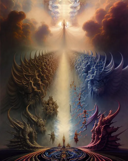 Image similar to the armies of heaven and hell, fantasy character portrait made of fractals facing each other, ultra realistic, wide angle, intricate details, the fifth element artifacts, highly detailed by peter mohrbacher, hajime sorayama, wayne barlowe, boris vallejo, aaron horkey, gaston bussiere, craig mullins