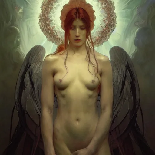 Image similar to A portrait of A beautiful!!!! angel in black flames by Ross Tran!! and alphonse mucha and greg rutkowski! and Zdzisław Beksiński!!,In style of digital art.Symmetrical face.dark Fantasy,smooth,hyper detailed,sharp focus,Soft light.4k