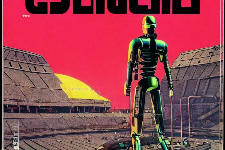 Image similar to 1979 OMNI Magazine Cover depicting an android Goliath standing in a coliseum. Cyberpunk Akira style by Vincent Di Fate