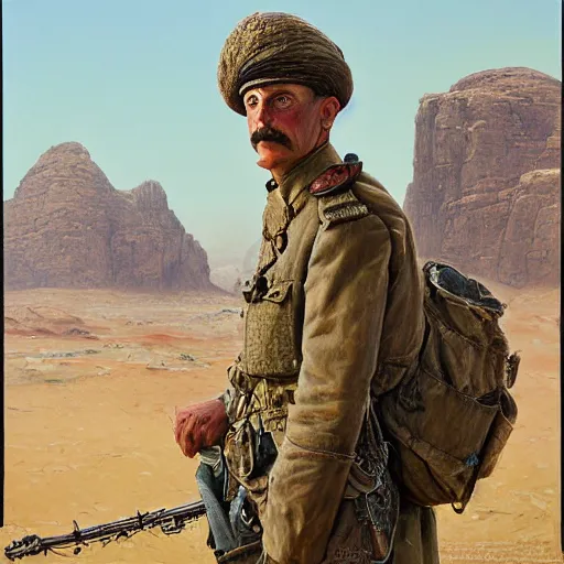 Image similar to a detailed photorealistic muted - color portrait painting of a 1 9 1 7 worried - looking british officer in field gear from the arab bureau in wadi rum, ultra realistic, intricate details, atmospheric, dark, brooding, highly detailed, by clyde caldwell