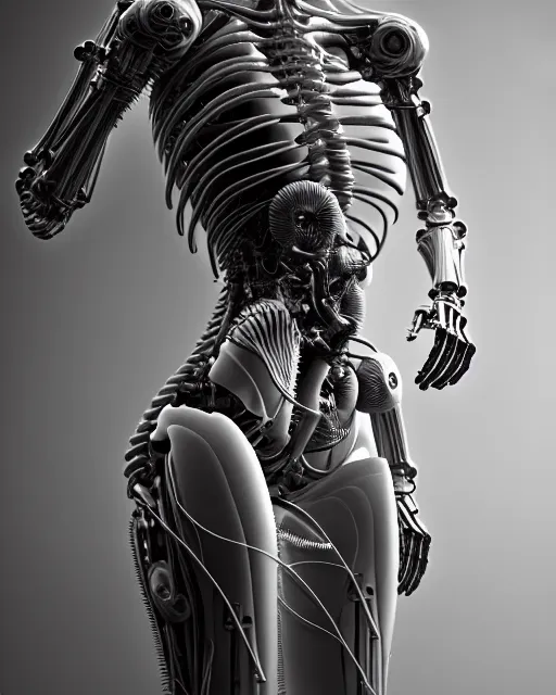 Image similar to raw bw 3 d redshift render flesh biomechanical intricate spinal ribbed jelly body detail of mechanical female vegetal - cyborg, beautiful insanely detailed, digital art, octane render, 8 k artistic photography, photo - realistic, unreal engine