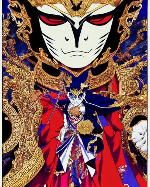 Prompt: The masked emperor giving a speech to a very large crowd of people. He has very ornate clothing and a mask || VERY VERY ANIME!!!, realistic shaded fine details. Anime. realistic shaded lighting poster by katsuhiro otomo, ghost-in-the-shell, ayami kojima