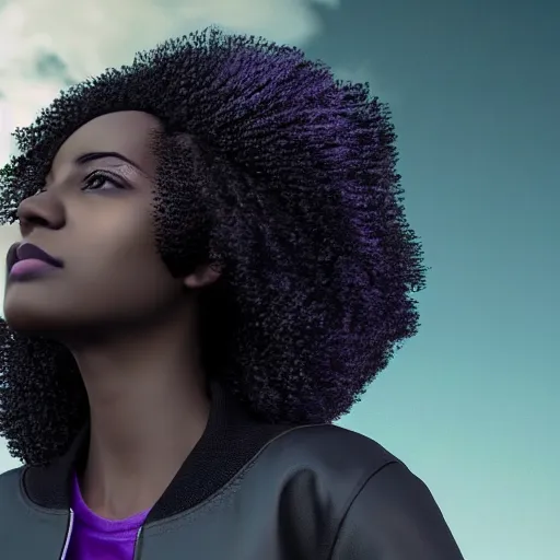 Prompt: black woman, hairstyle = short bob, hair colour = grey, eyes = purple, wearing dark green bomber jacket, realistic 4 k octane beautifully detailed render, 4 k post - processing, highly detailed, intricate complexity, epic composition, magical atmosphere, cinematic lighting, masterpiece, ultra hd